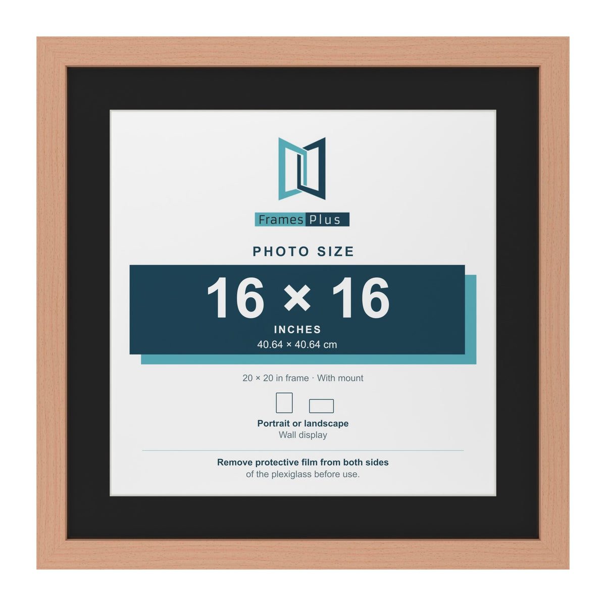 Beech 20 x 20 inch picture frame with a black mount for a 16 x 16 inch photo
