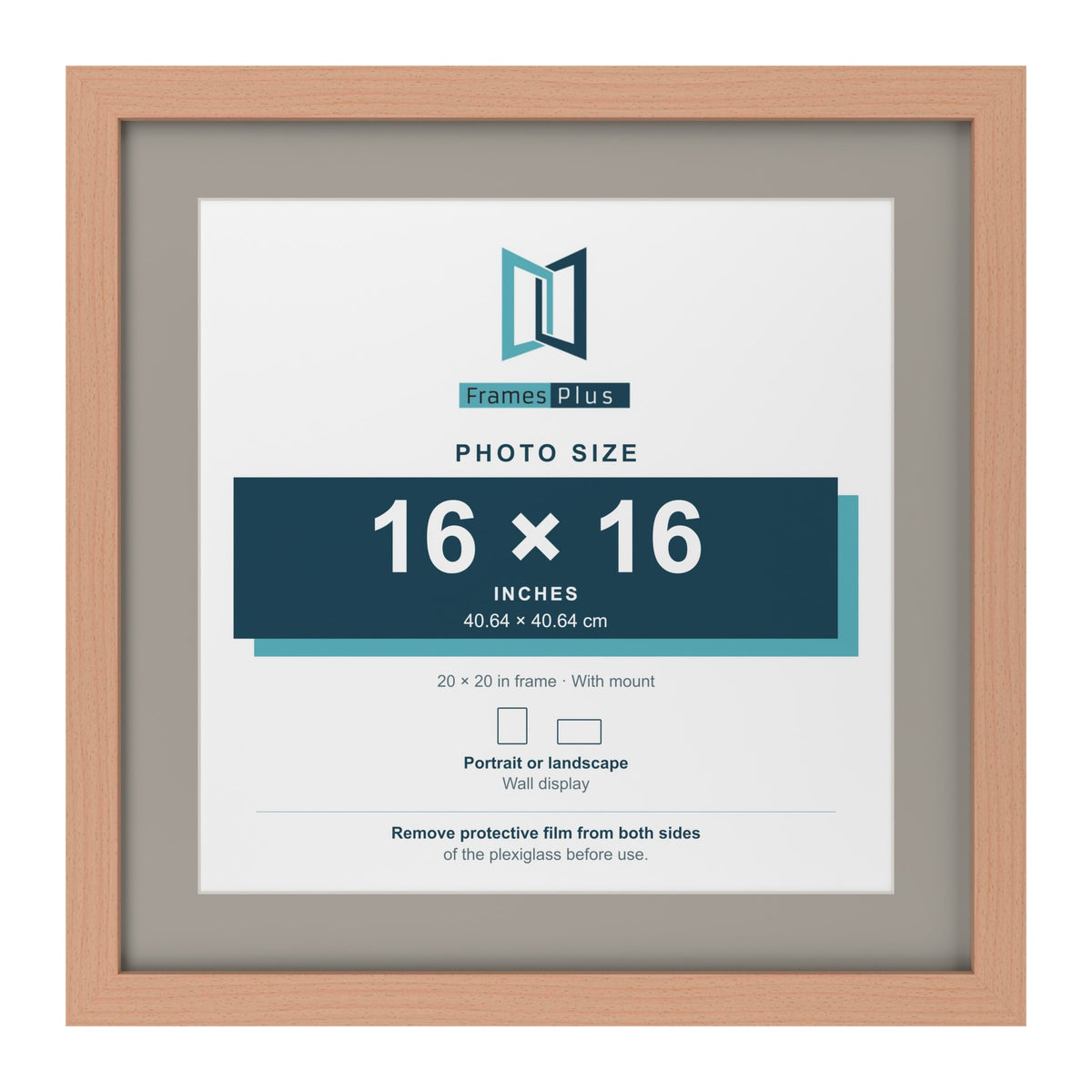 Beech 20 x 20 inch picture frame with a Dawn Grey mount for a 16 x 16 inch photo