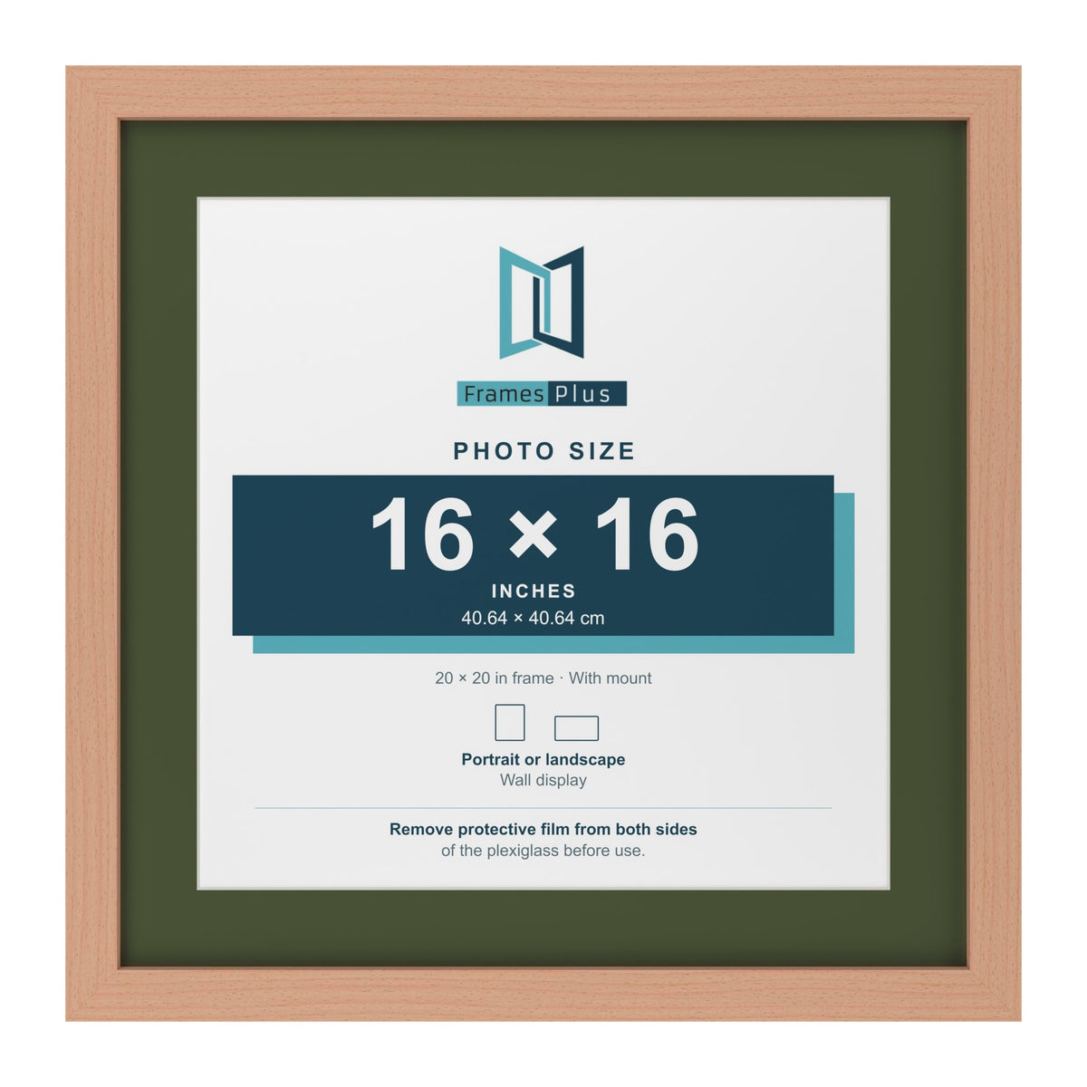 Beech 20 x 20 inch picture frame with a green mount for a 16 x 16 inch photo