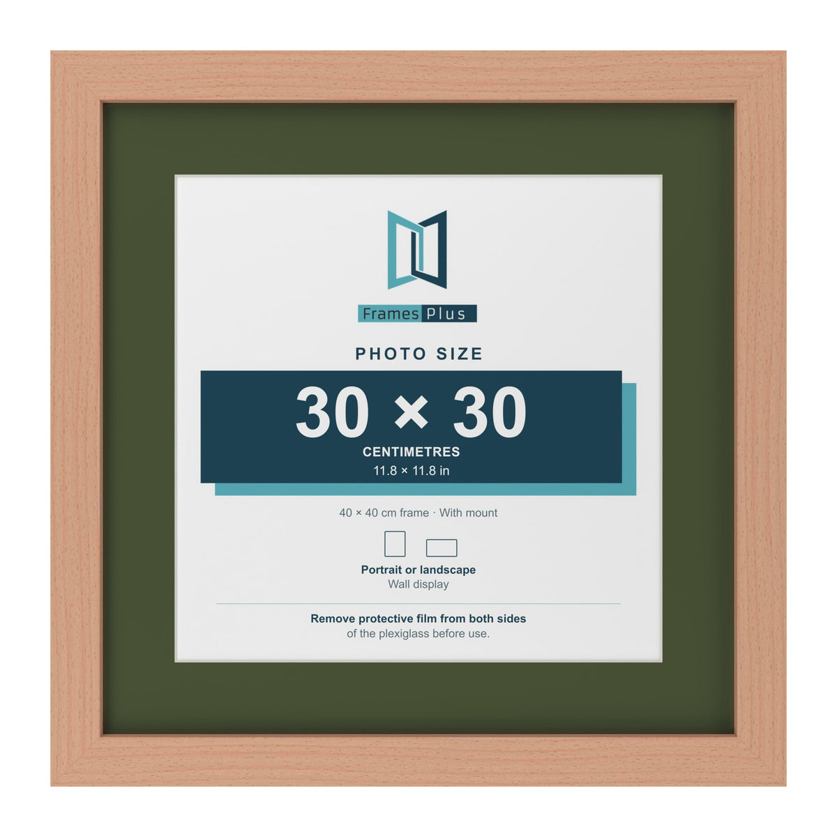 Beech 40 x 40 cm picture frame with a green mount for a 30 x 30 cm photo