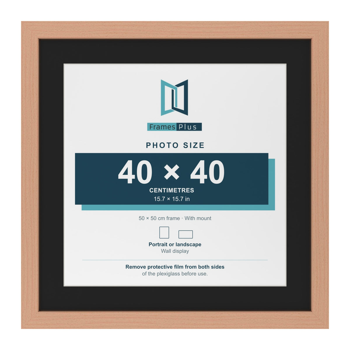 Beech 50 x 50 cm picture frame with a black mount for a 40 x 40 cm photo