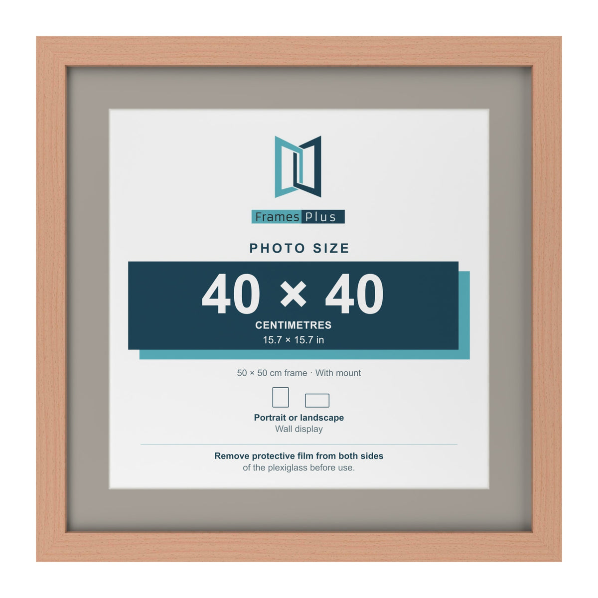 Beech 50 x 50 cm picture frame with a Dawn Grey mount for a 40 x 40 cm photo