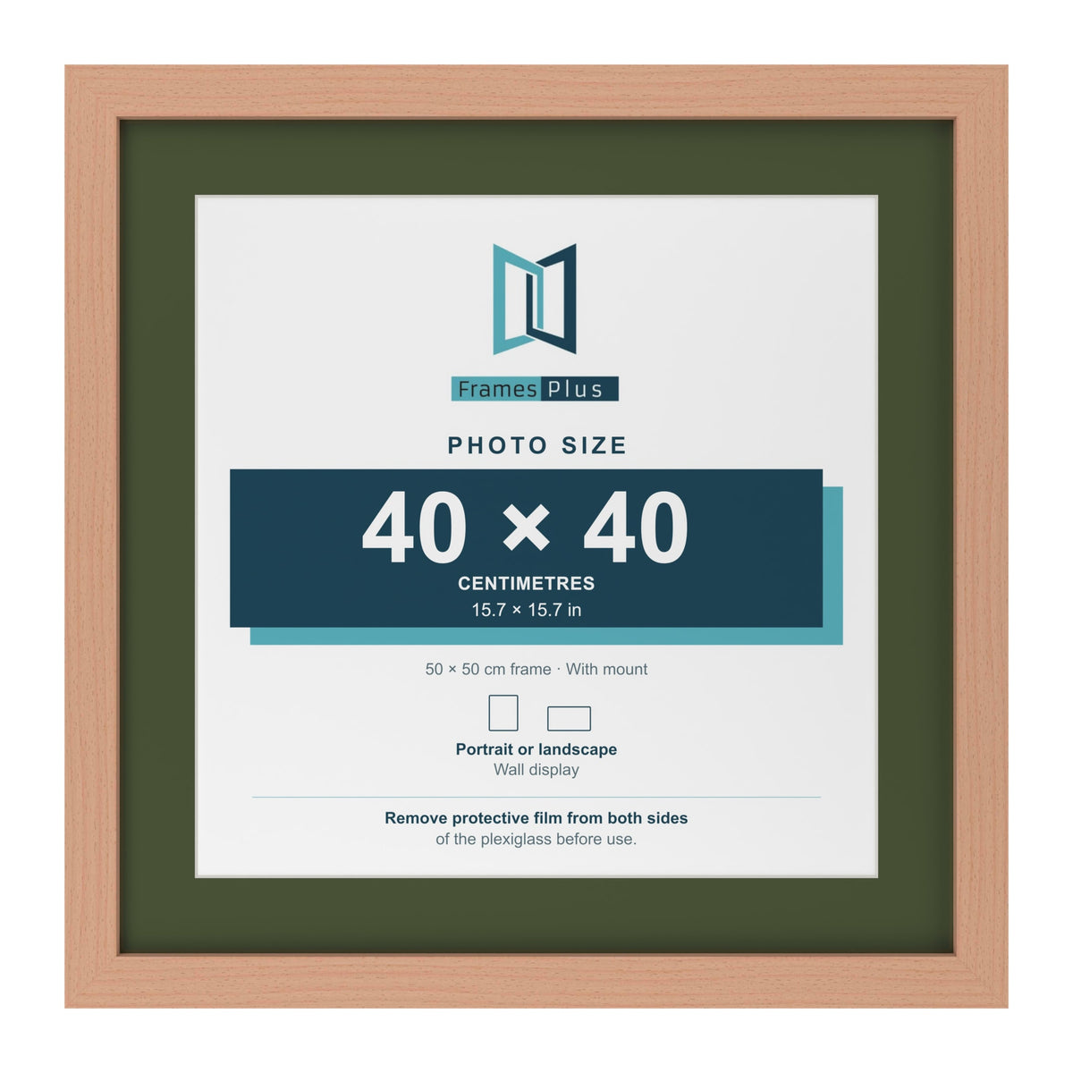 Beech 50 x 50 cm picture frame with a green mount for a 40 x 40 cm photo