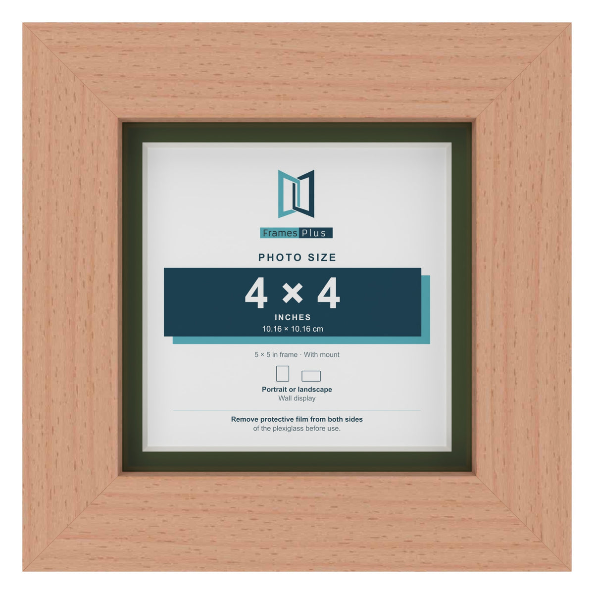 Beech 5 x 5 inch picture frame with a green mount for a 4 x 4 inch photo