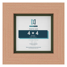Beech 5 x 5 inch picture frame with a green mount for a 4 x 4 inch photo