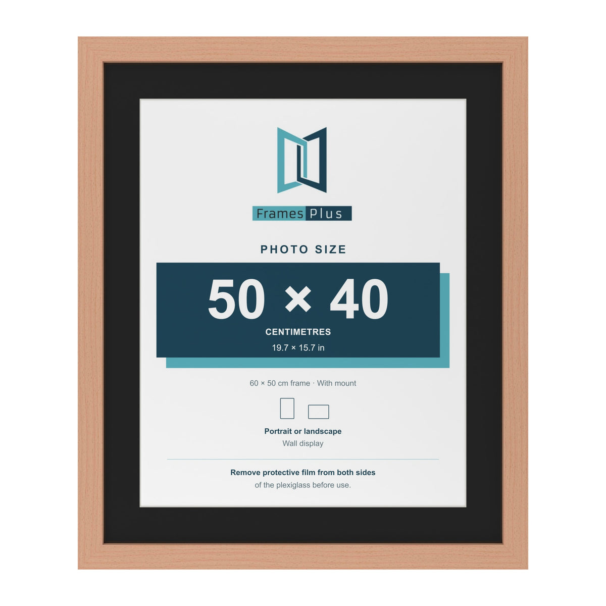 Beech 60 x 50 cm picture frame with a black mount for a 50 x 40 cm photo