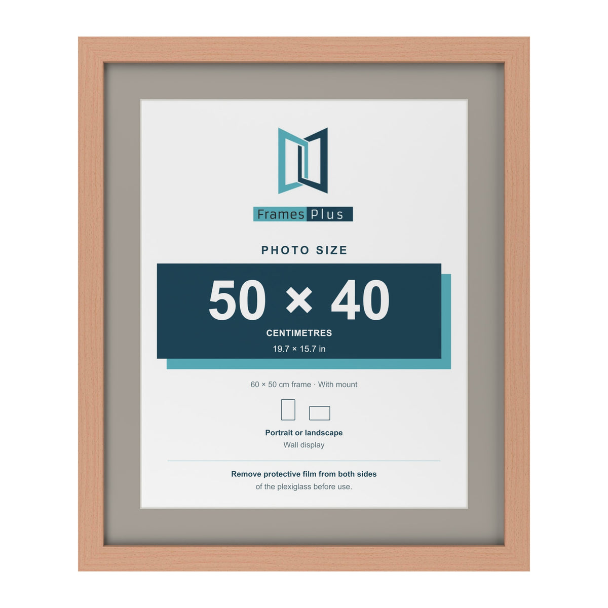 Beech 60 x 50 cm picture frame with a Dawn Grey mount for a 50 x 40 cm photo