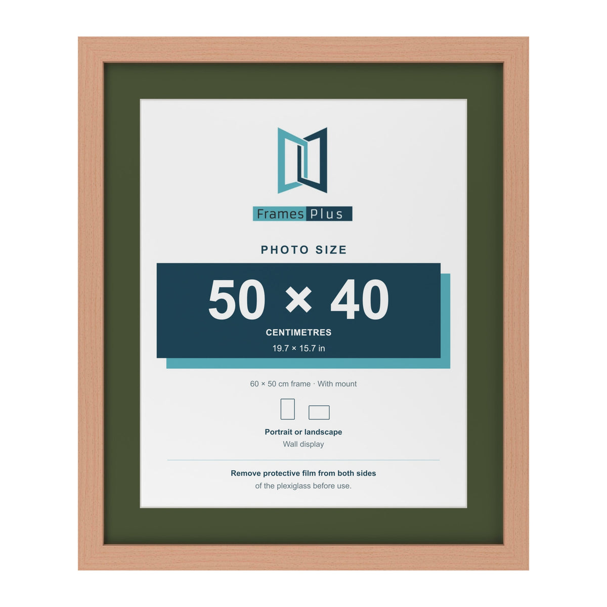Beech 60 x 50 cm picture frame with a green mount for a 50 x 40 cm photo
