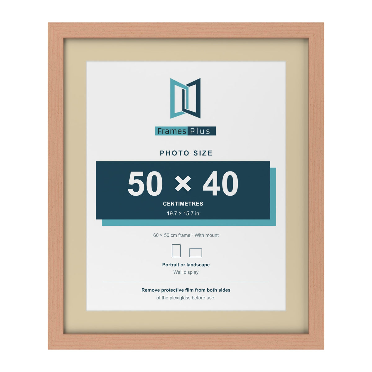 Beech 60 x 50 cm picture frame with an ivory mount for a 50 x 40 cm photo
