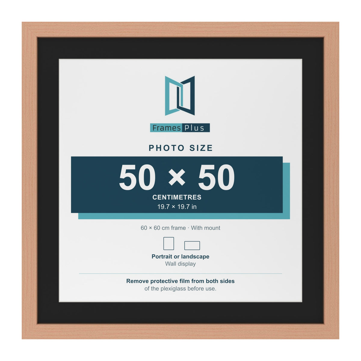 Beech 60 x 60 cm picture frame with a black mount for a 50 x 50 cm photo