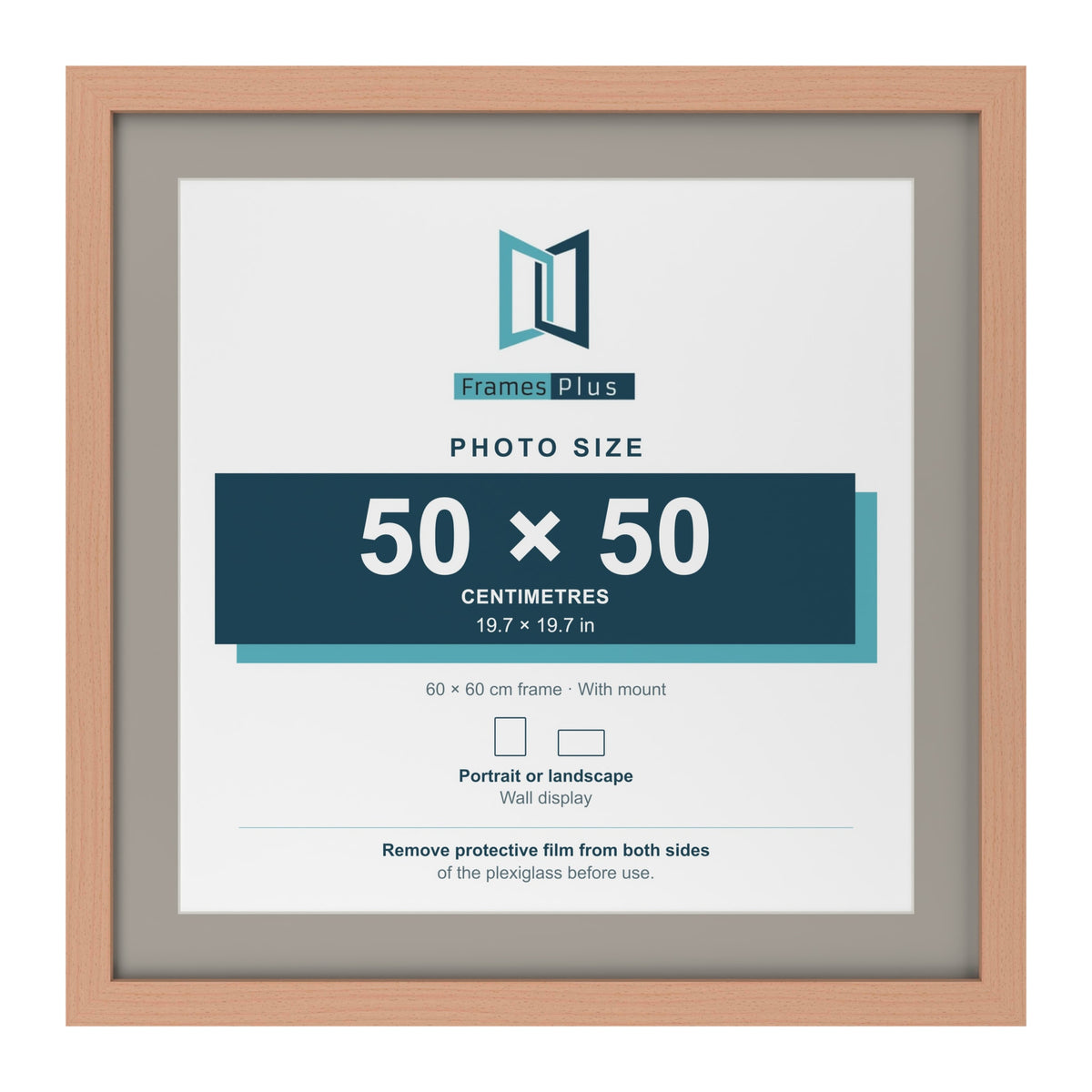Beech 60 x 60 cm picture frame with a Dawn Grey mount for a 50 x 50 cm photo