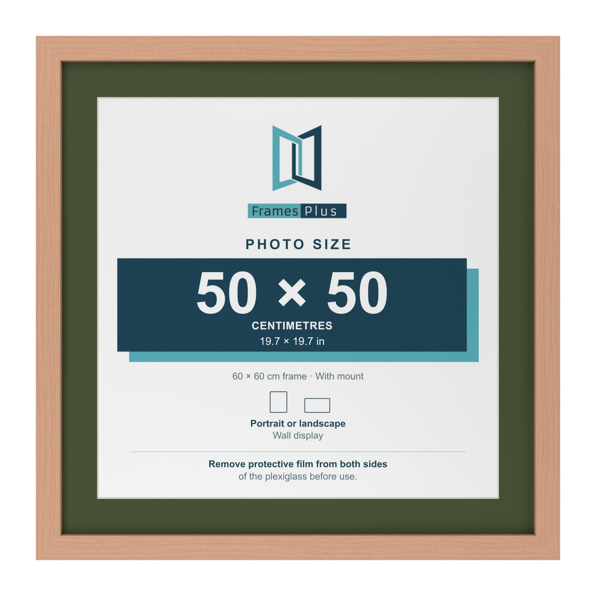 Beech 60 x 60 cm picture frame with a green mount for a 50 x 50 cm photo