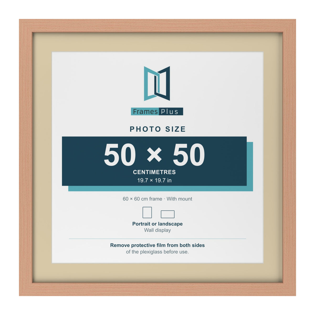 Beech 60 x 60 cm picture frame with an ivory mount for a 50 x 50 cm photo