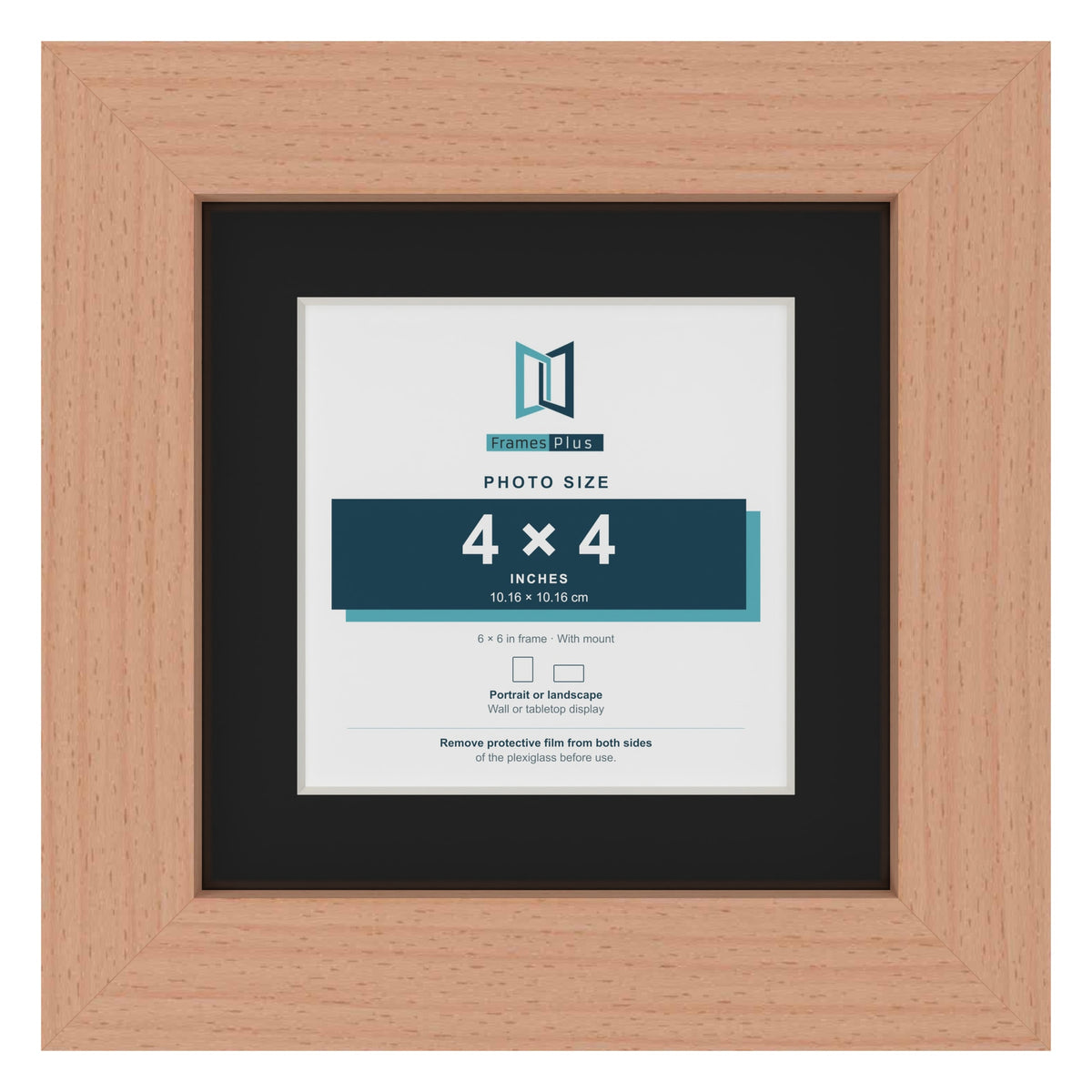 Beech 6 x 6 inch picture frame with a black mount for a 4 x 4 inch photo