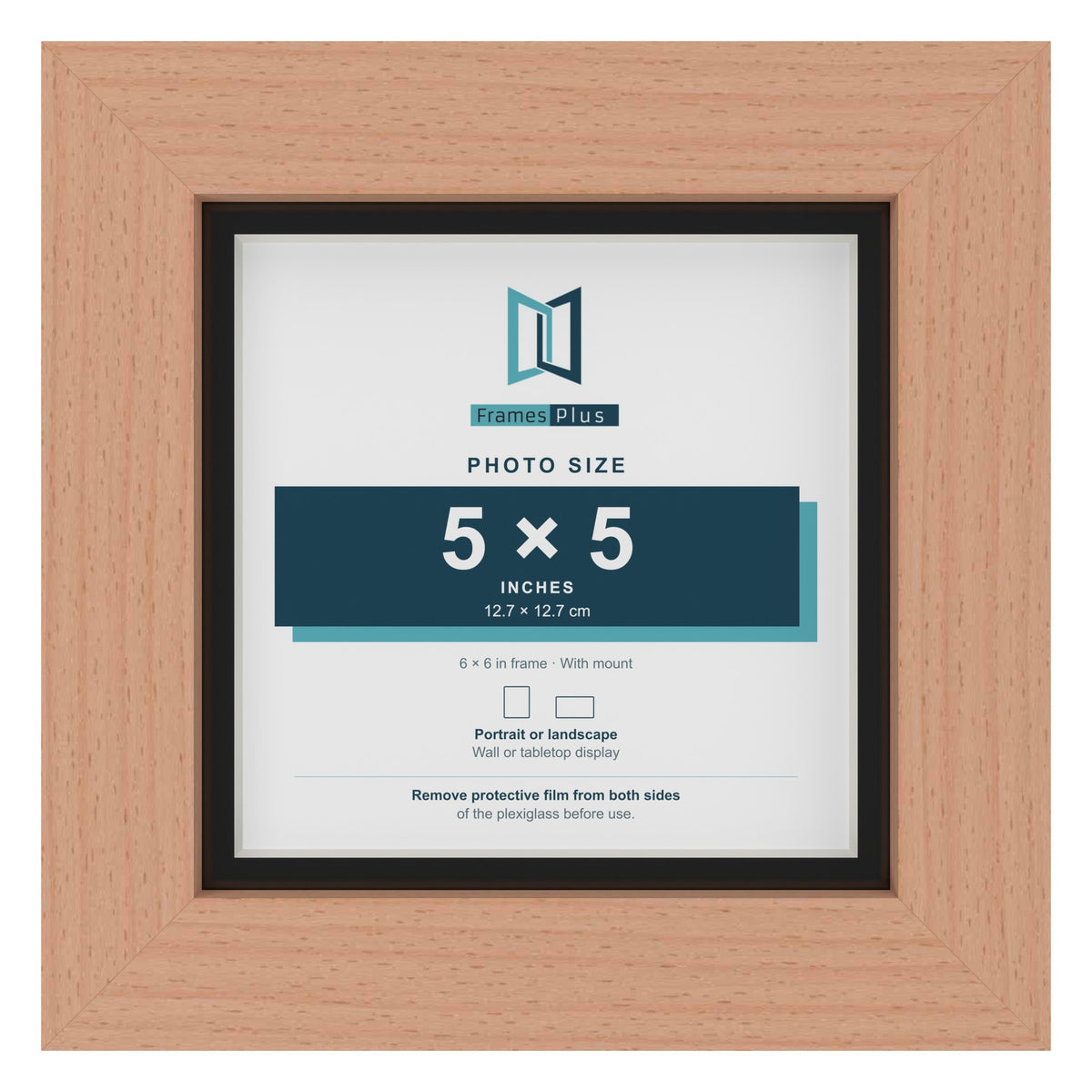 Beech 6 x 6 inch picture frame with a black mount for a 5 x 5 inch photo