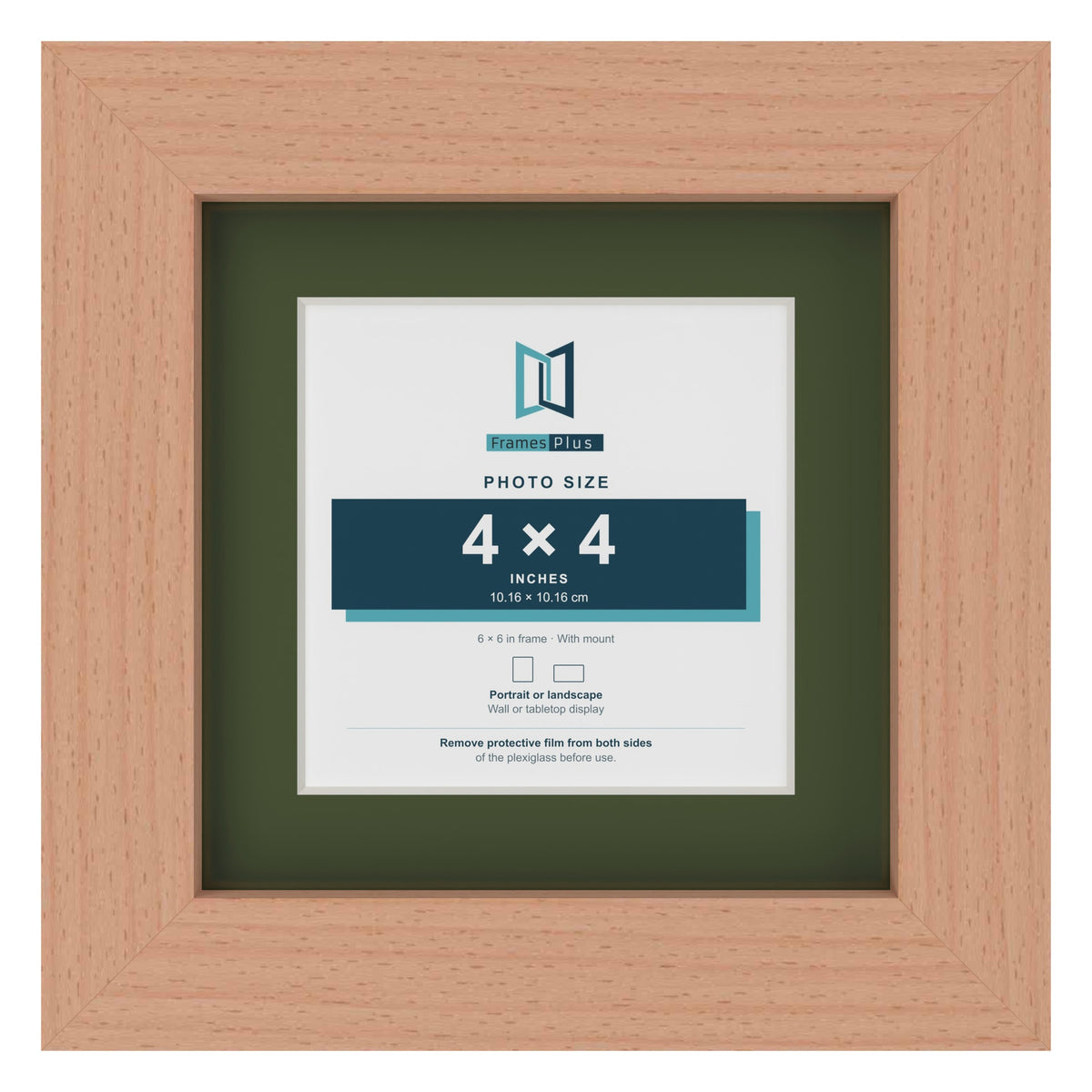 Beech 6 x 6 inch picture frame with a green mount for a 4 x 4 inch photo