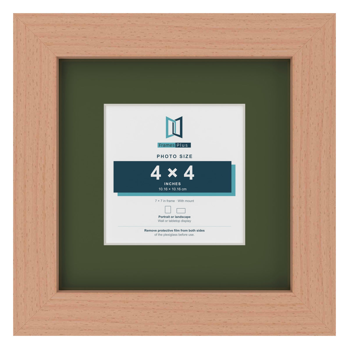 Beech 7 x 7 inch picture frame with a green mount for a 4 x 4 inch photo