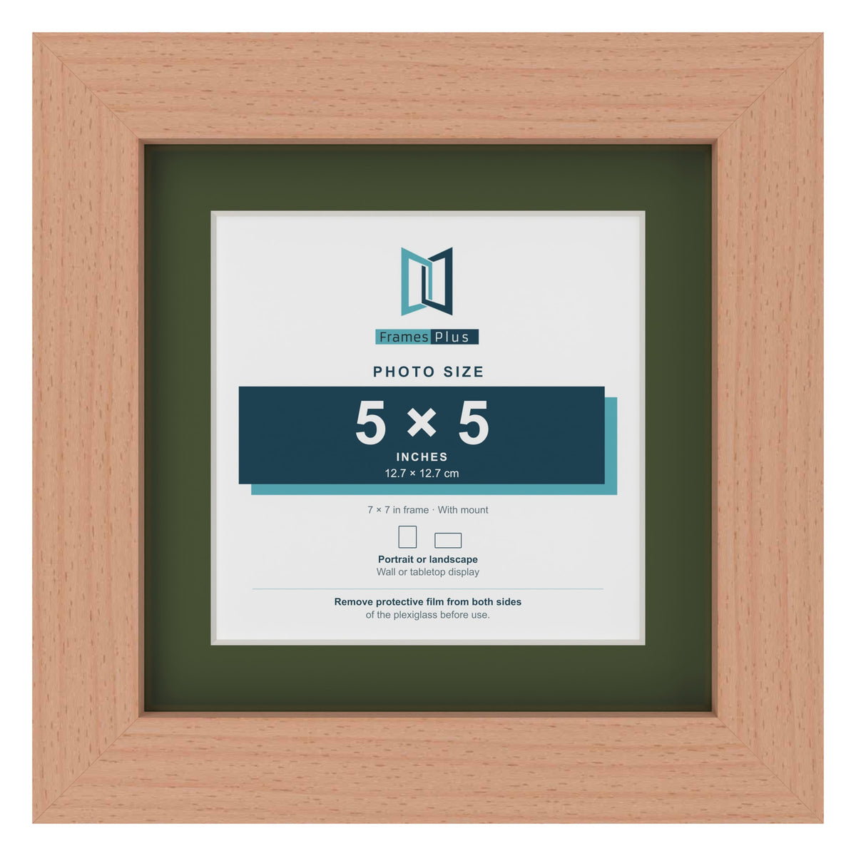 Beech 7 x 7 inch picture frame with a green mount for a 5 x 5 inch photo