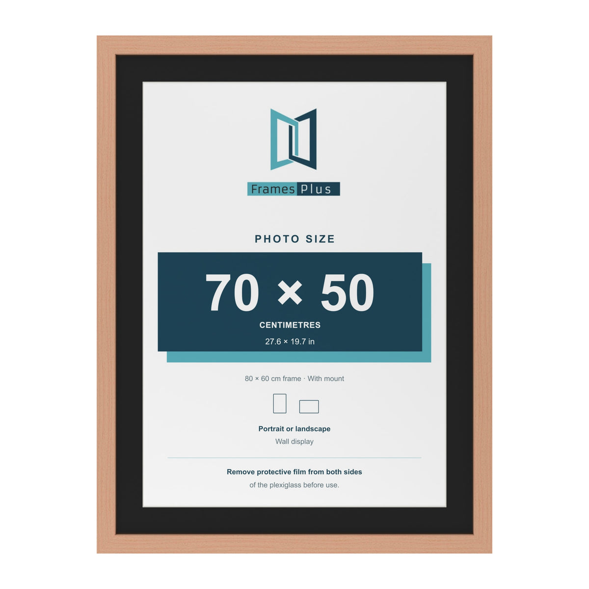 Beech 80 x 60 cm picture frame with a black mount for a 70 x 50 cm photo