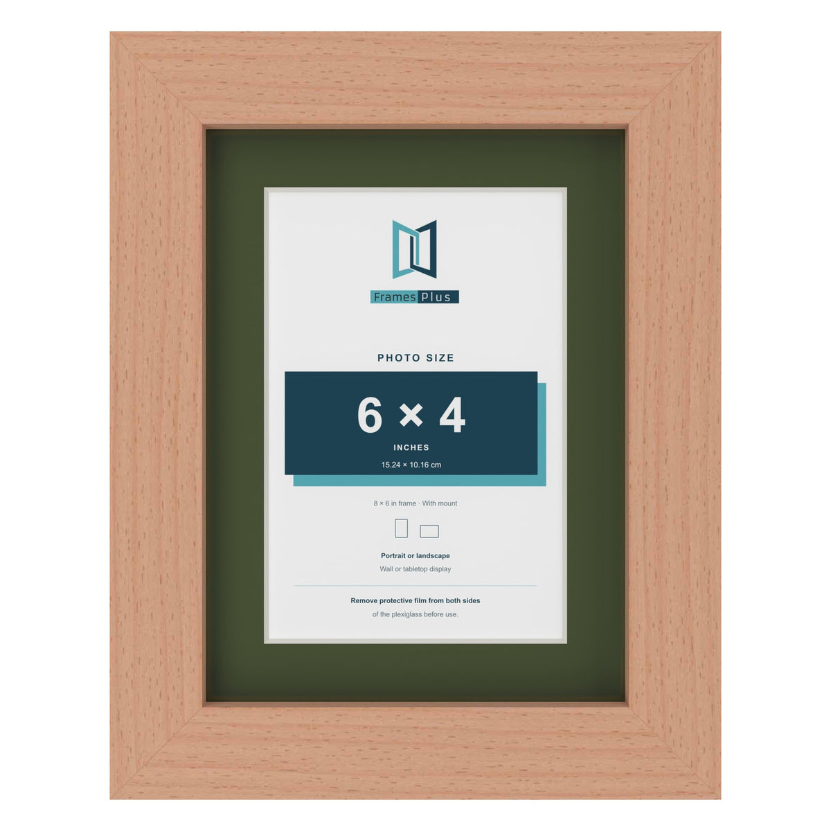Beech 8 x 6 inch picture frame with a green mount for a 6 x 4 inch photo