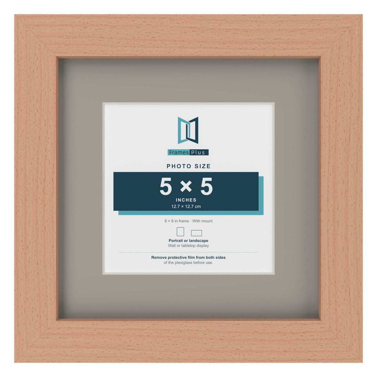 Beech 8 x 8 inch picture frame with a Dawn Grey mount for a 5 x 5 inch photo