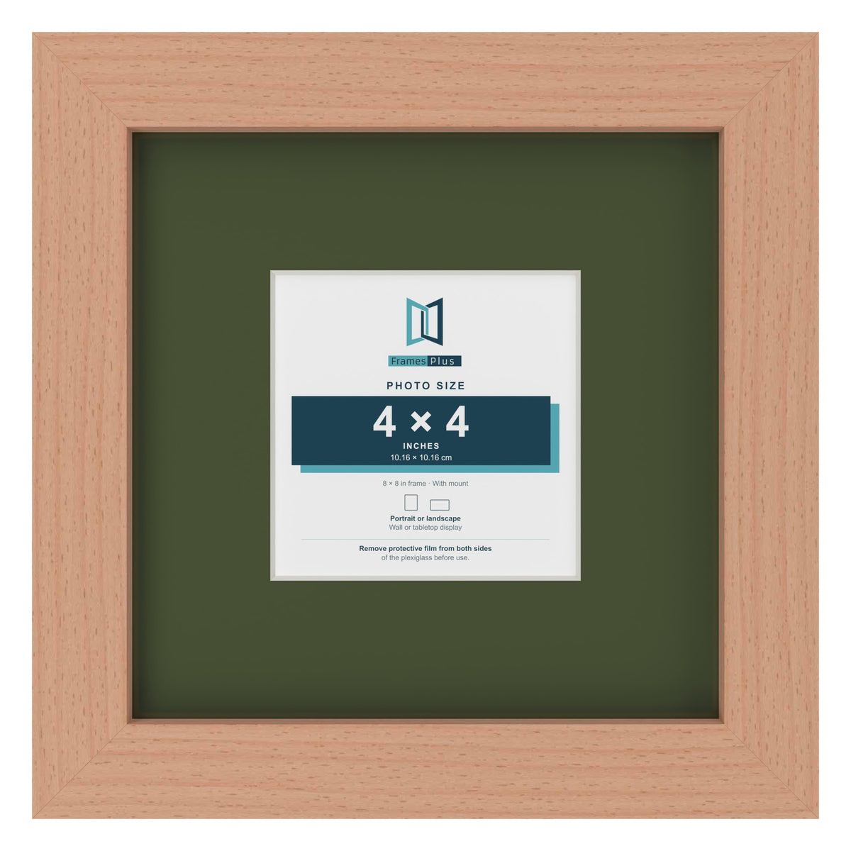 Beech 8 x 8 inch picture frame with a green mount for a 4 x 4 inch photo