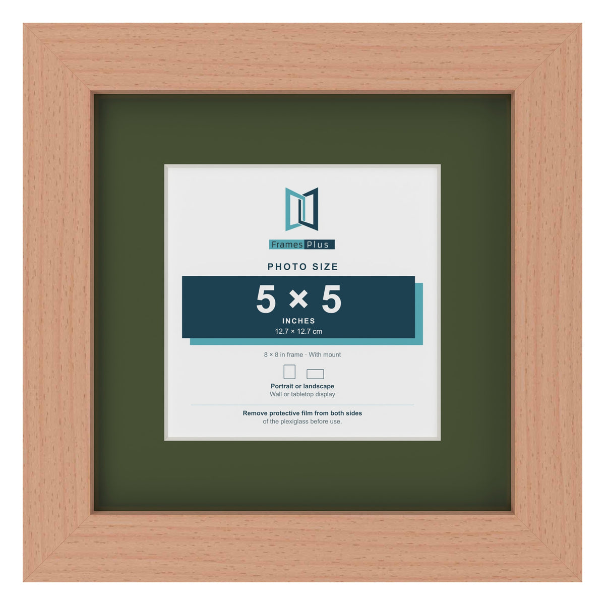 Beech 8 x 8 inch picture frame with a green mount for a 5 x 5 inch photo