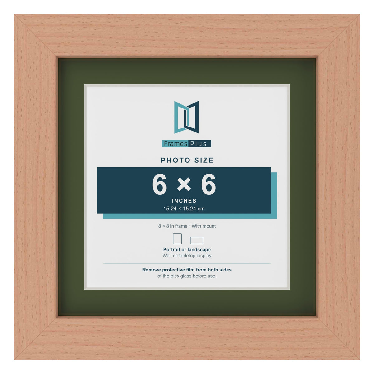 Beech 8 x 8 inch picture frame with a green mount for a 6 x 6 inch photo