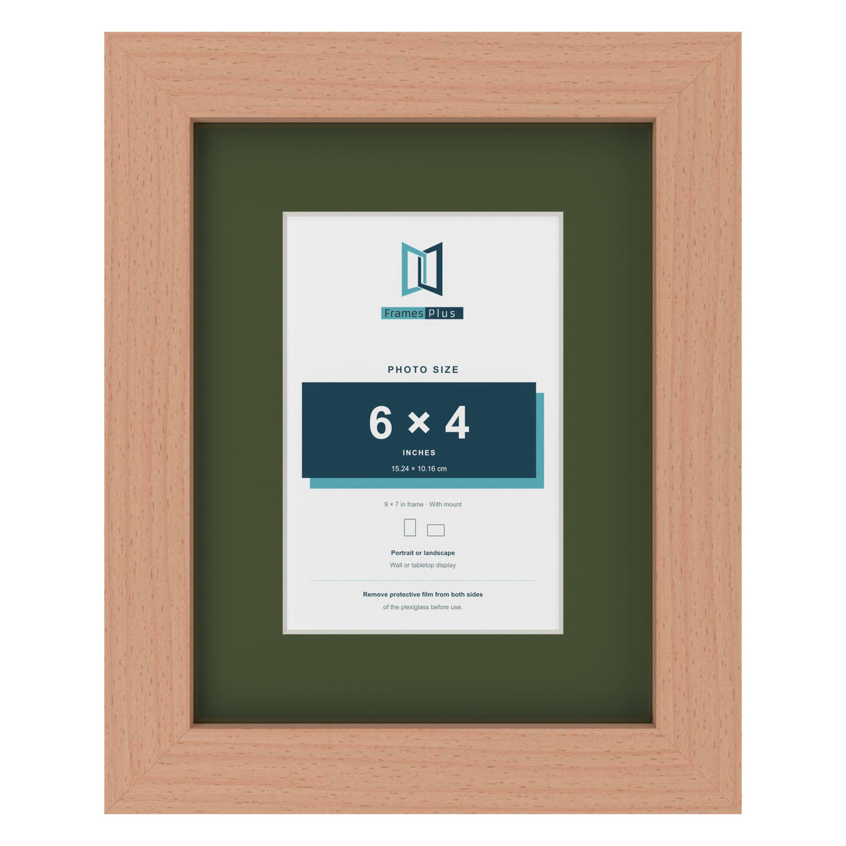Beech 9 x 7 inch picture frame with a green mount for a 6 x 4 inch photo
