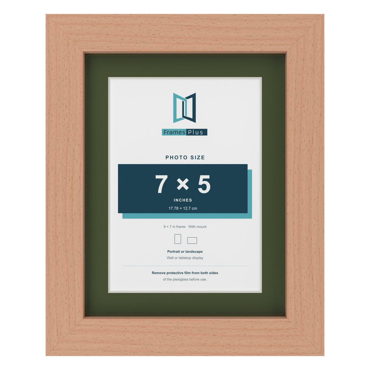 Beech 9 x 7 inch picture frame with a green mount for a 7 x 5 inch photo