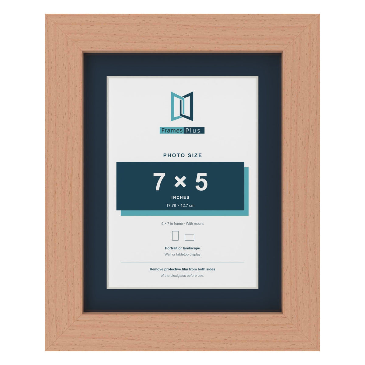 Beech 9 x 7 inch picture frame with a Pacific Blue mount for a 7 x 5 inch photo