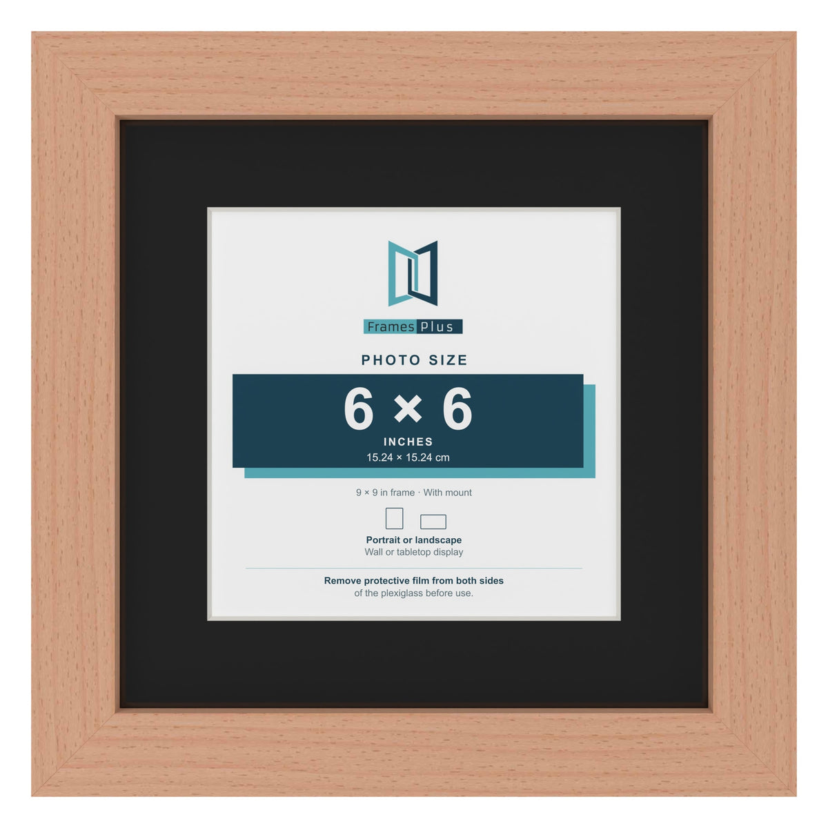 Beech 9 x 9 inch picture frame with a black mount for a 6 x 6 inch photo