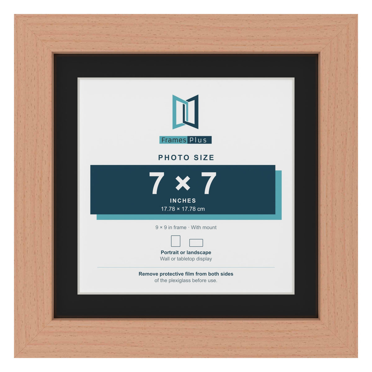 Beech 9 x 9 inch picture frame with a black mount for a 7 x 7 inch photo