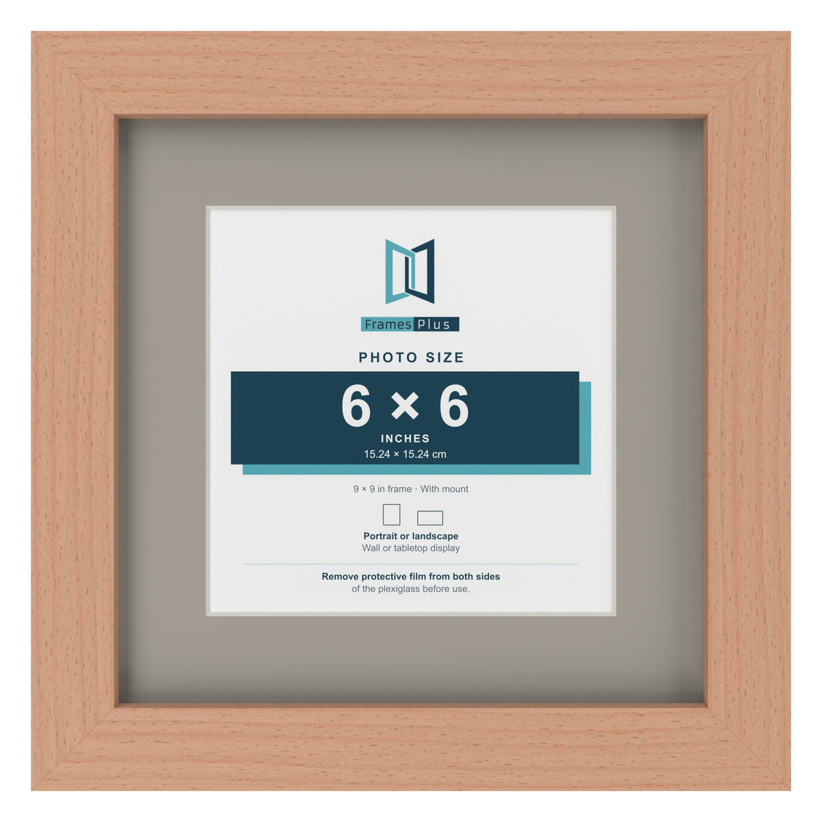 Beech 9 x 9 inch picture frame with a Dawn Grey mount for a 6 x 6 inch photo