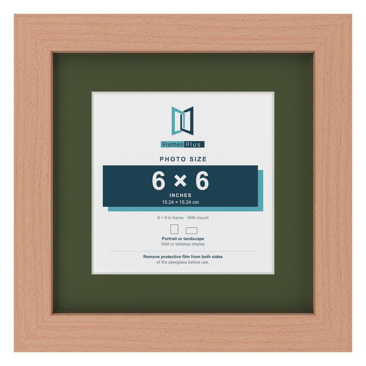 Beech 9 x 9 inch picture frame with a green mount for a 6 x 6 inch photo