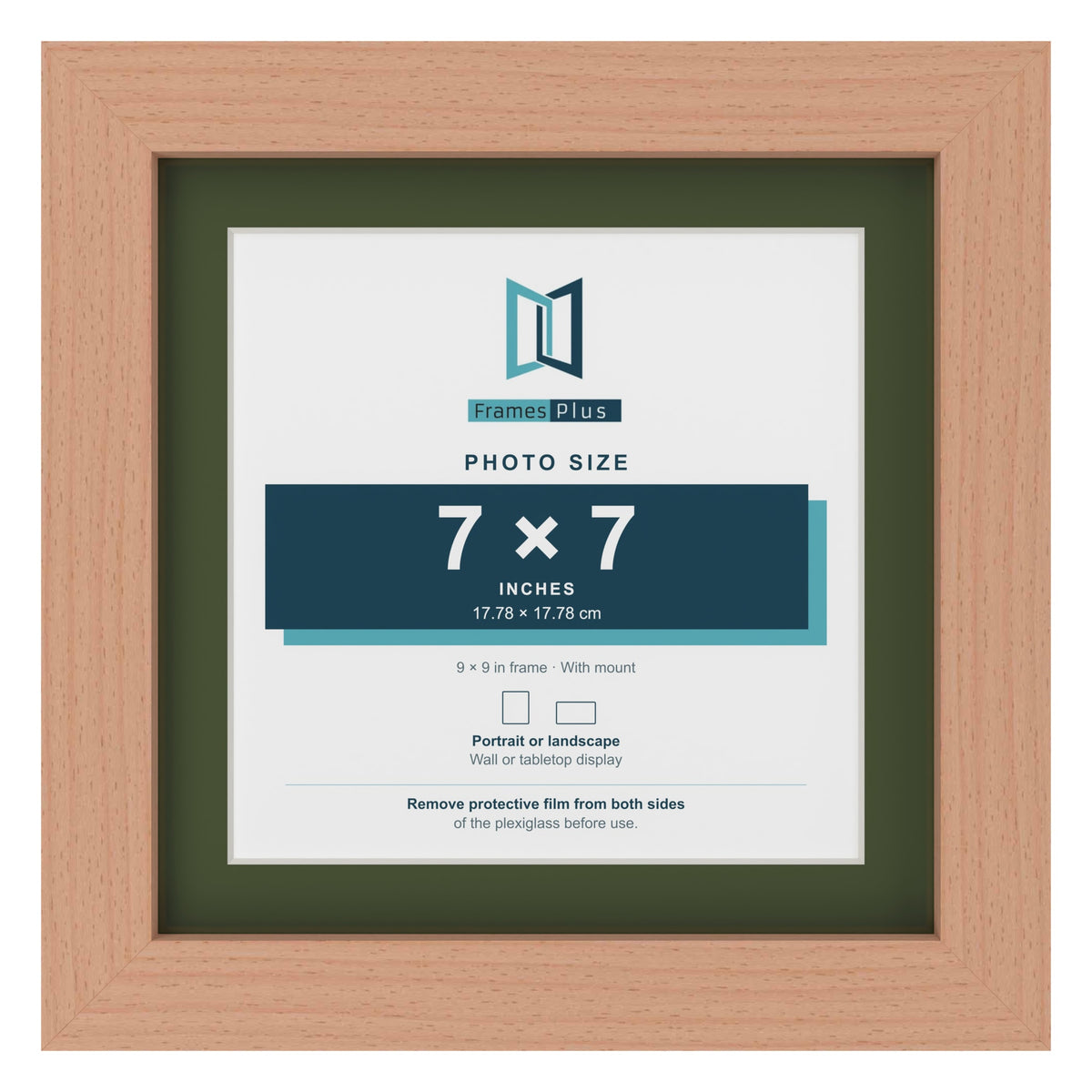 Beech 9 x 9 inch picture frame with a green mount for a 7 x 7 inch photo