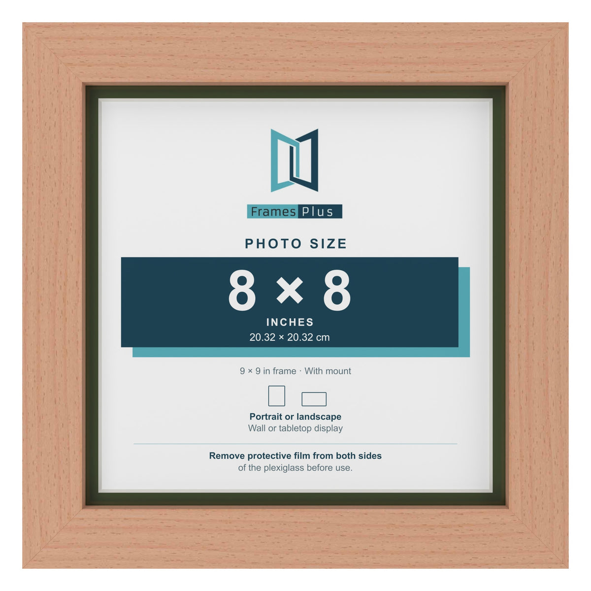 Beech 9 x 9 inch picture frame with a green mount for an 8 x 8 inch photo