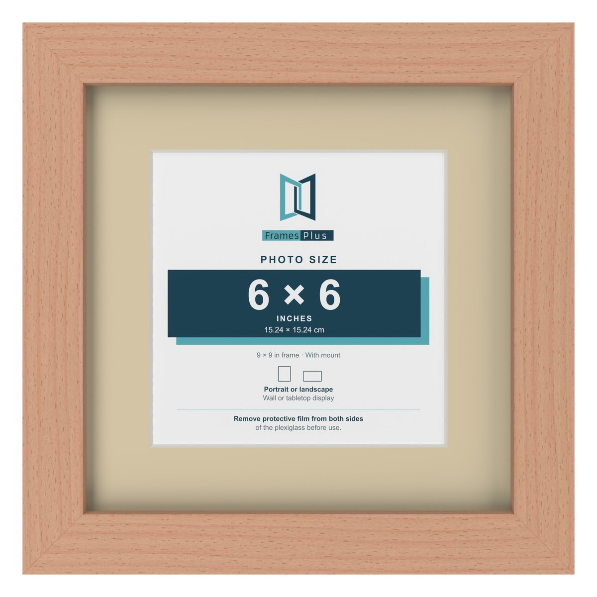 Beech 9 x 9 inch picture frame with an ivory mount for a 6 x 6 inch photo
