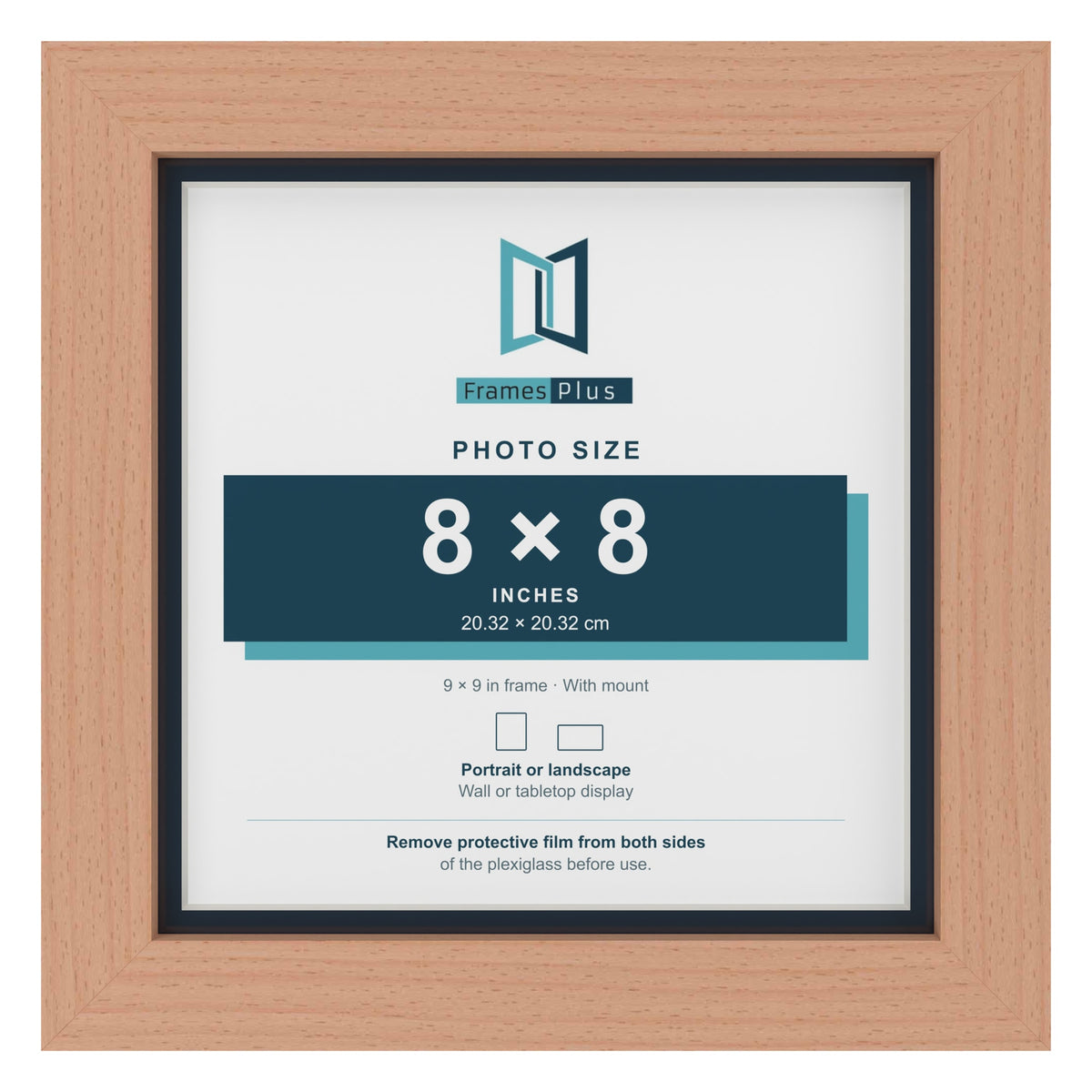Beech 9 x 9 inch picture frame with a Pacific Blue mount for an 8 x 8 inch photo