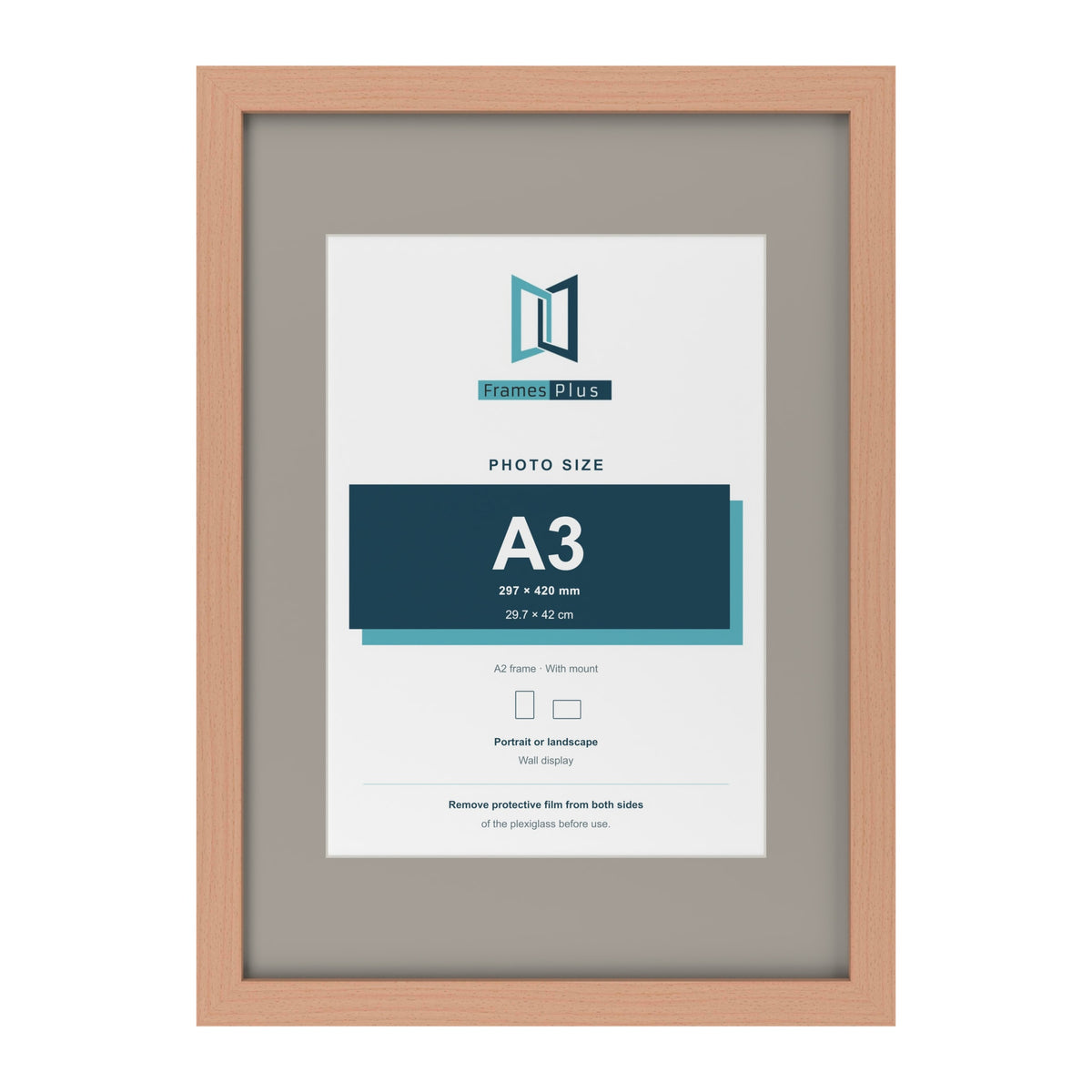 Beech A2 picture frame with a Dawn Grey mount for an A3 photo
