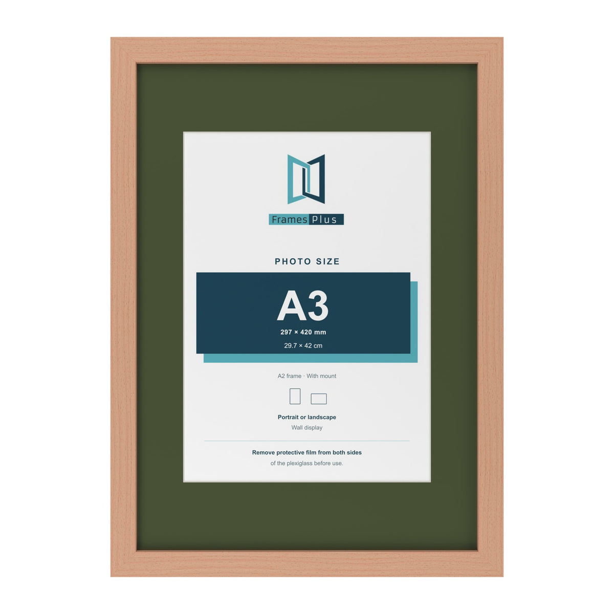 Beech A2 picture frame with a green mount for an A3 photo
