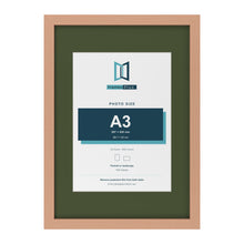 Beech A2 picture frame with a green mount for an A3 photo