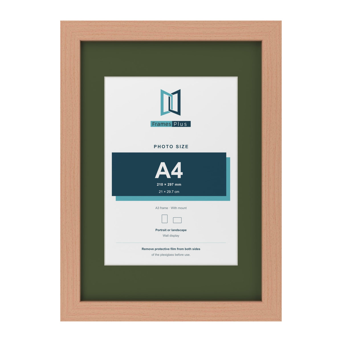 Beech A3 picture frame with a green mount for an A4 photo
