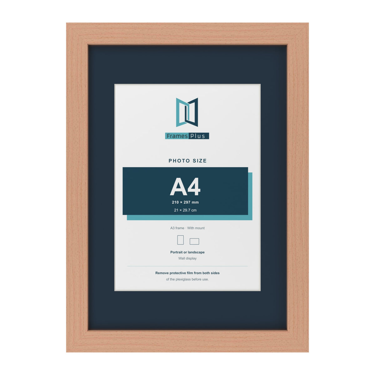 Beech A3 picture frame with a Pacific Blue mount for an A4 photo