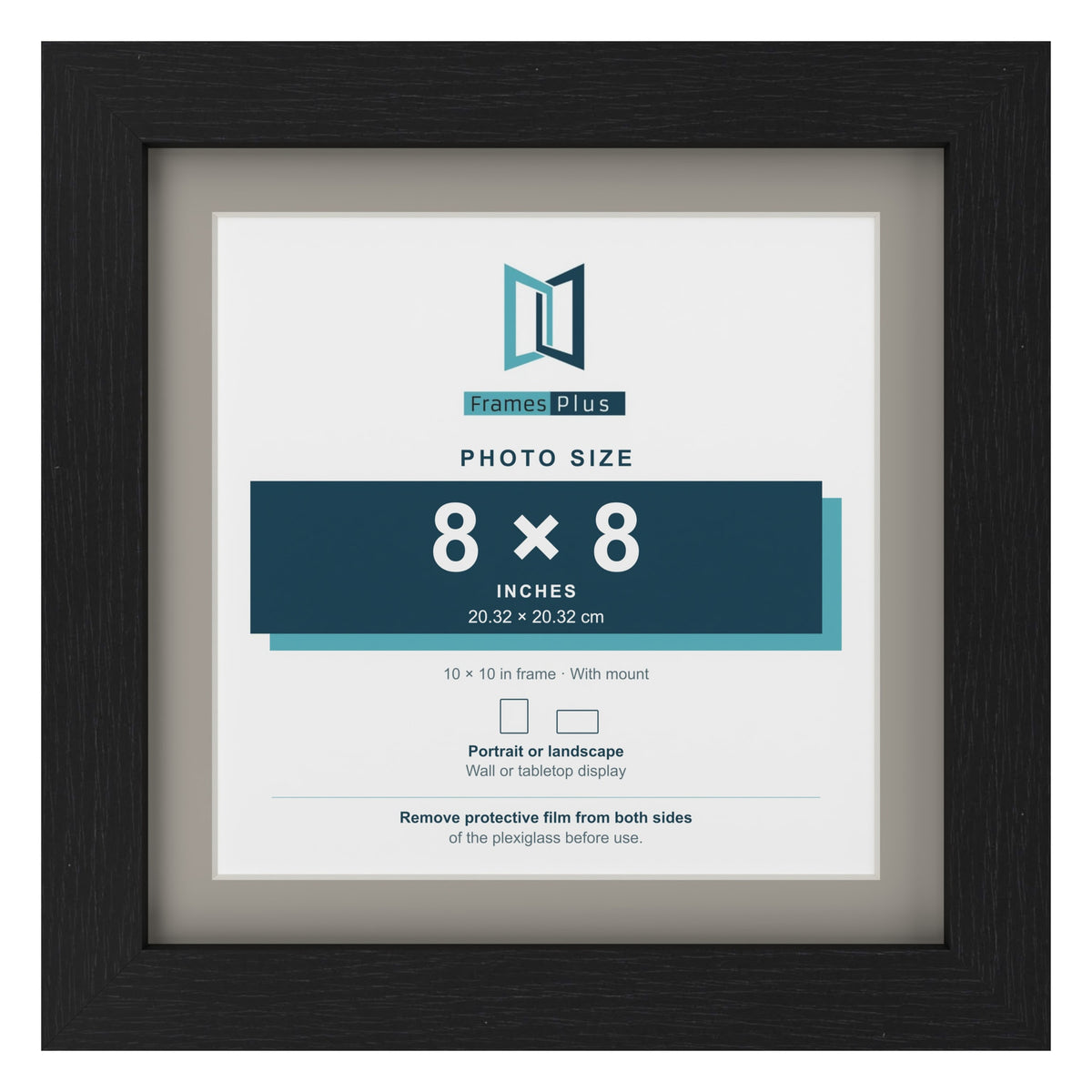 Black 10 x 10 inch picture frame with a Dawn Grey mount for an 8 x 8 inch photo