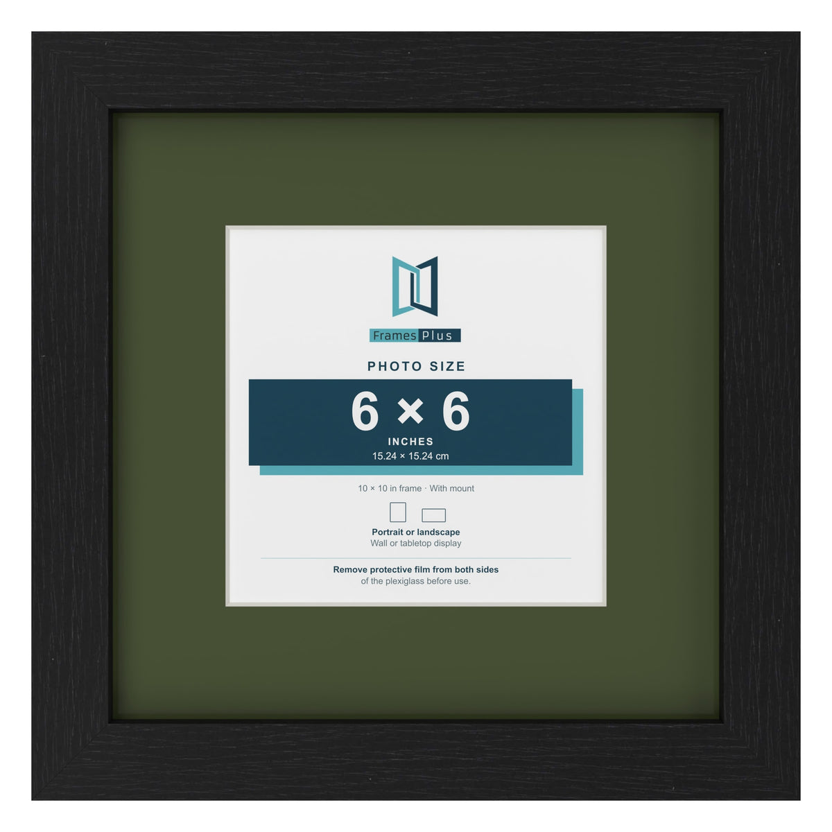 Black 10 x 10 inch picture frame with a green mount for a 6 x 6 inch photo