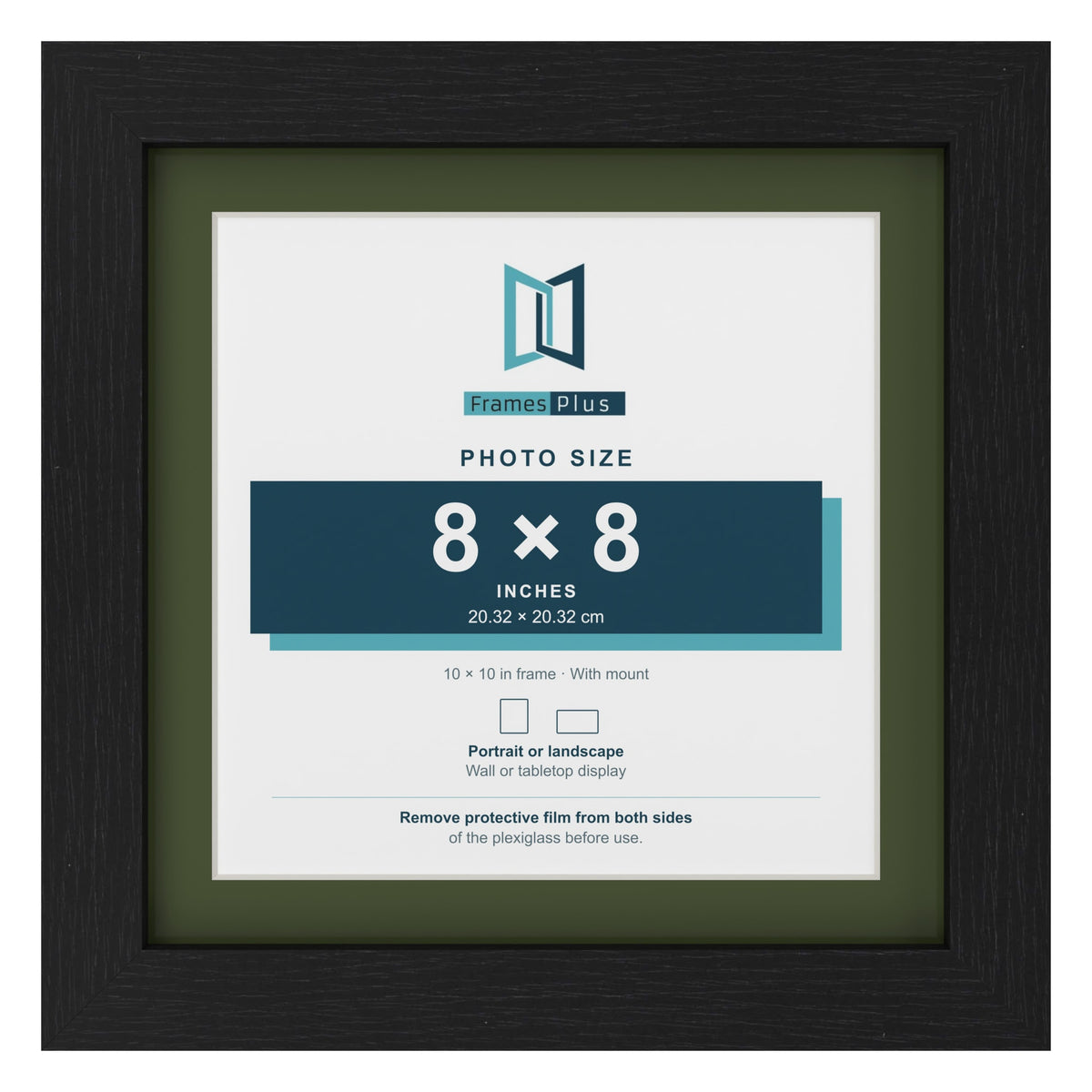 Black 10 x 10 inch picture frame with a green mount for an 8 x 8 inch photo
