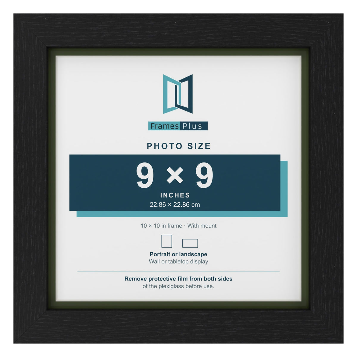 Black 10 x 10 inch picture frame with a green mount for a 9 x 9 inch photo