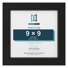 Black 10 x 10 inch picture frame with a green mount for a 9 x 9 inch photo