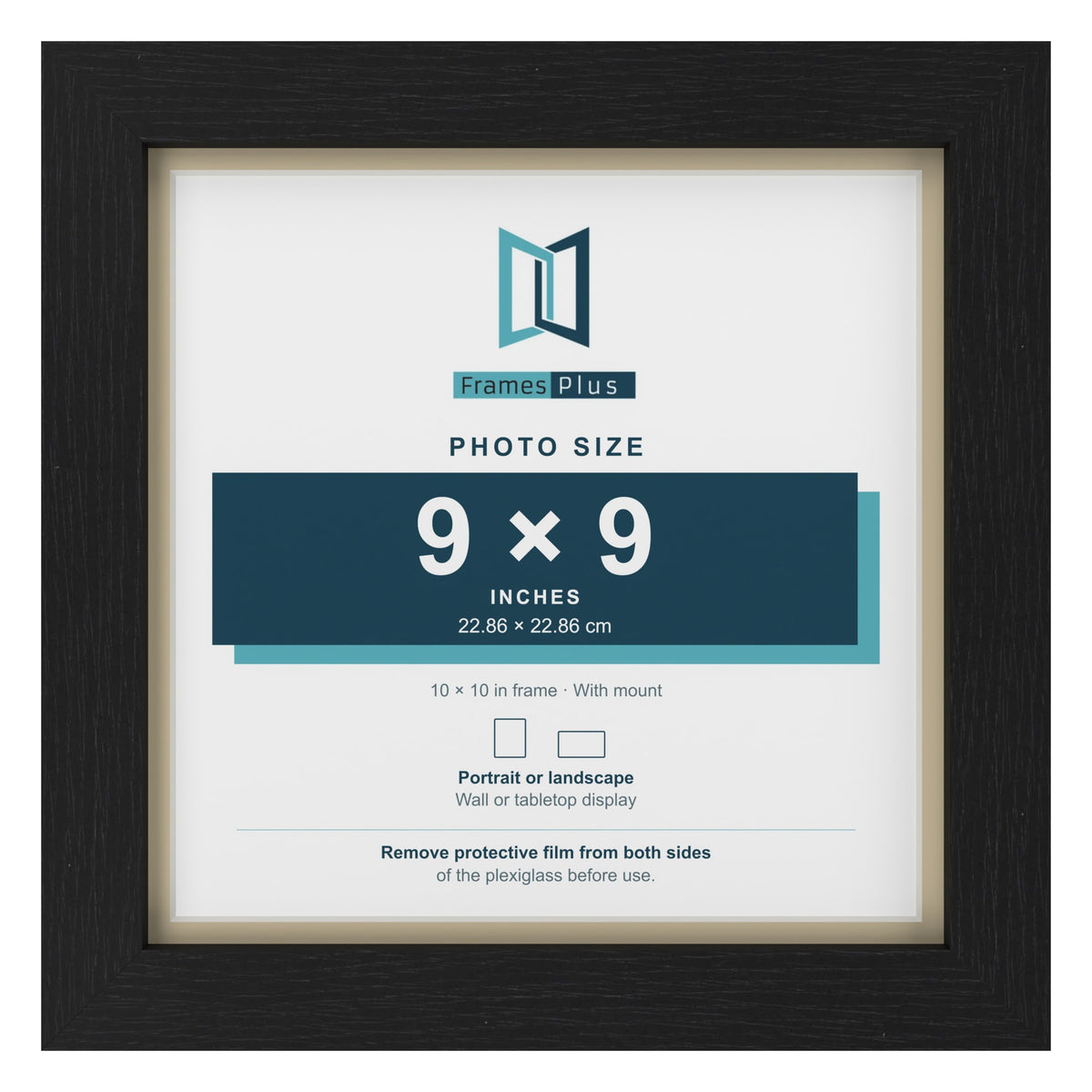 Black 10 x 10 inch picture frame with an ivory mount for a 9 x 9 inch photo